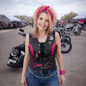 Custom Avian Leather Biker Vest Black with Pink Panels & Patches Size M